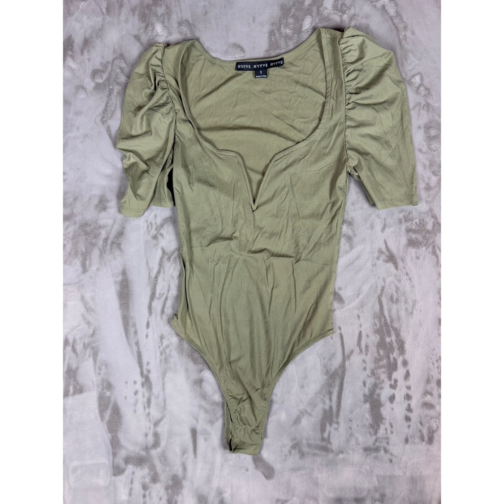 Hyfve Sage Green Ribbed Puff Sleeve Bodysuit Notched Neck Small